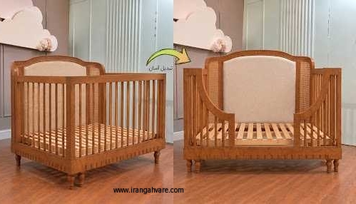 تخت نوزاد نوجوان چوبی و حصیری با پارچه مخمل ترک و کفی متحرک